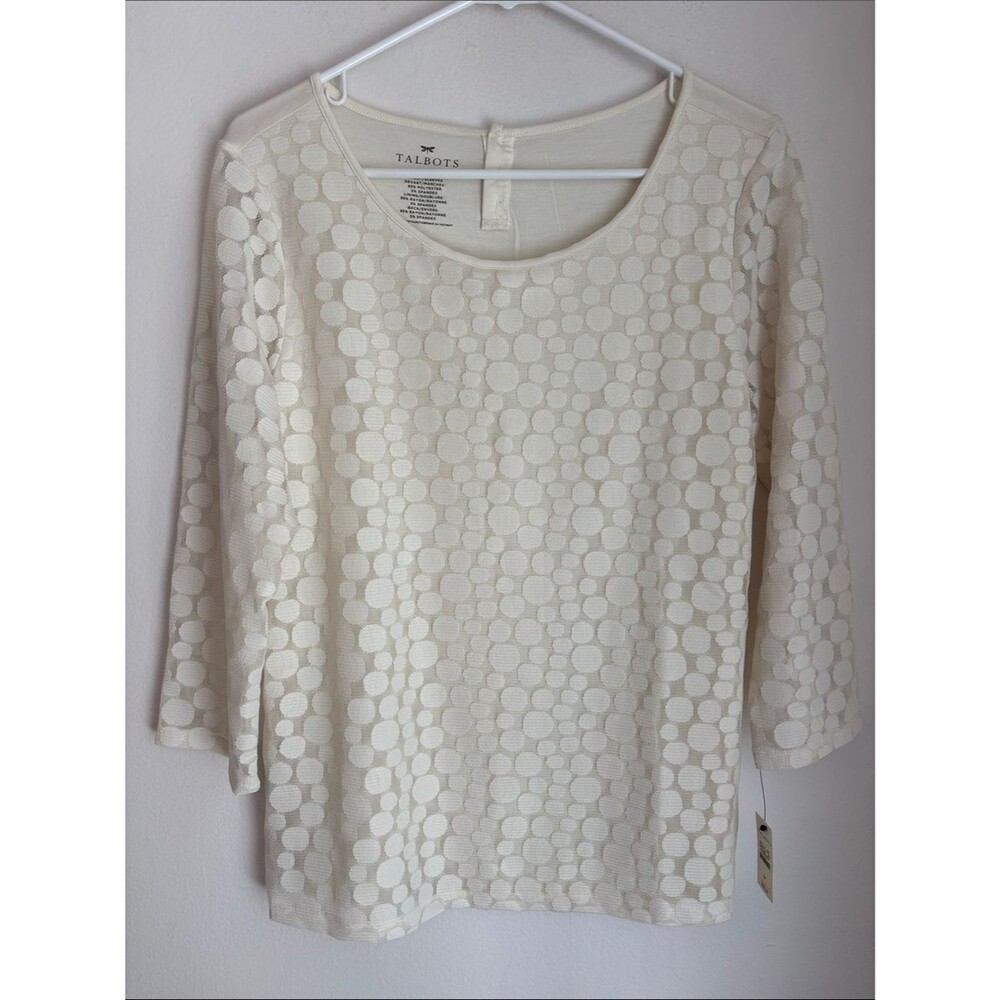 Talbots Cream Dot-Pattern polka dot Scoop Neck Blouse sheer 3/4 sleeve women’s M